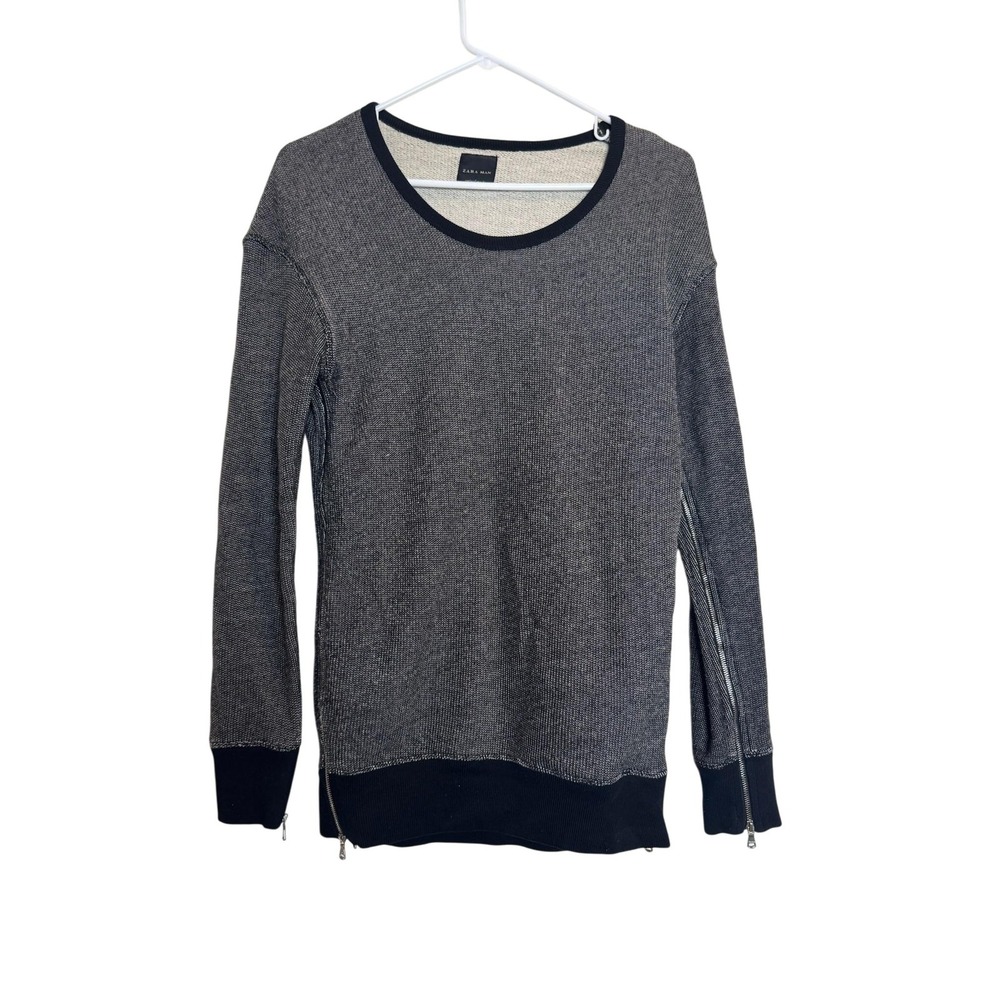 Zara Man Sweater Mens Small Gray Black Side Zip Long Sleeve Casual Pullover Knit